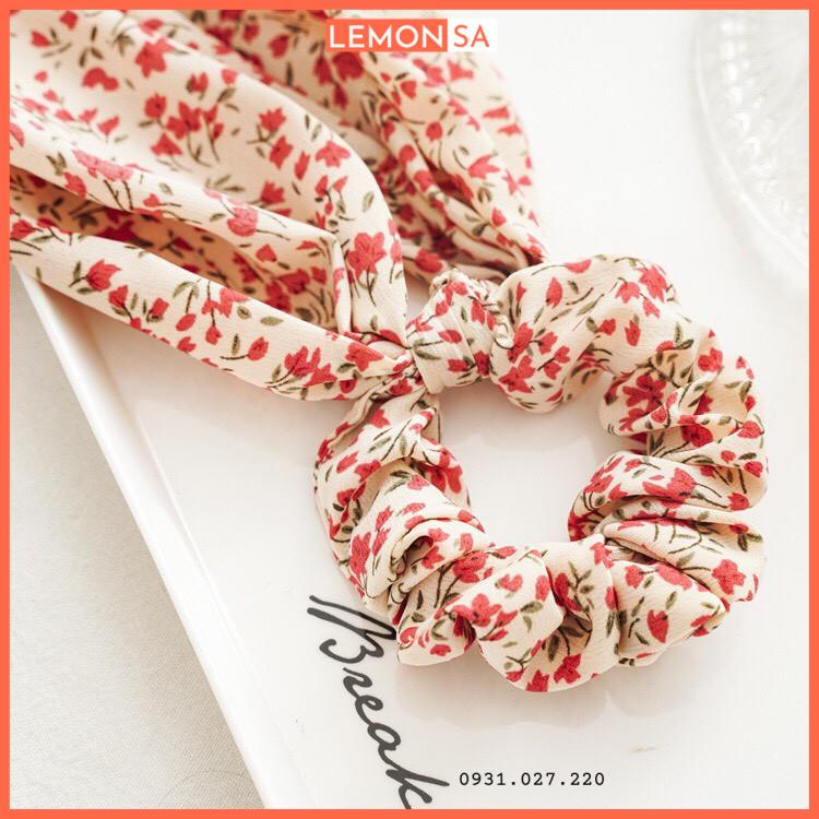 Dây buộc tóc vải hoa nhí vintage scrunchies nơ dài xinh xắn - Mã SC046