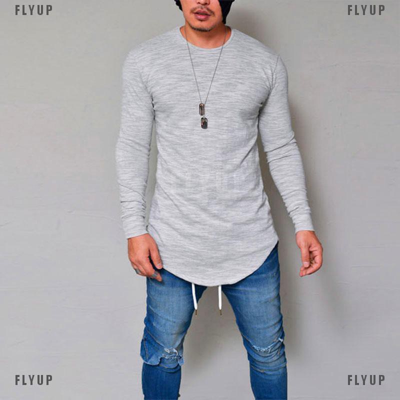 「FLYUP」Mens Gym T Shirt Longline Slim Fit Muscle Long Sleeve Curved Hem Tee Tops Casual