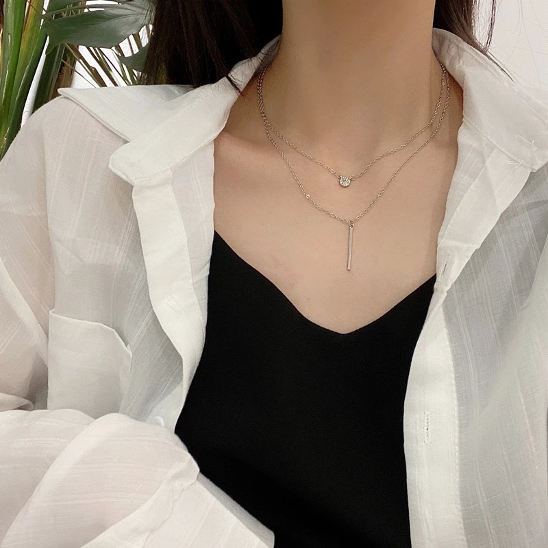 Vòng cổ Hai Lớp Mặt Tròn Đính Đá Zircon Đơn Giản Thanh Lịch Dành Cho Nữ