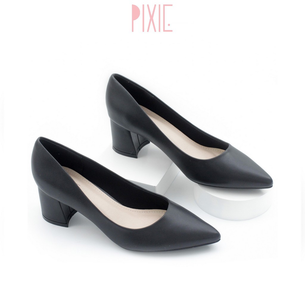 Giày Cao Gót Đế Vuông 5cm Mũi Nhọn Basic Màu Đen Pixie P055