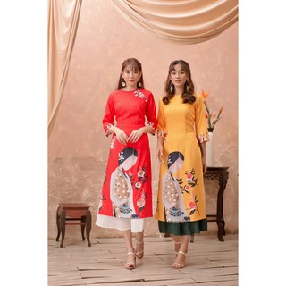 Áo Dài Cách Tân, Áo Dài Nữ Cổ Tròn Chất Gấm Lụa Mềm Co Giãn In Họa Tiết Cô Gái Lạ Mắt Thời Trang Sang Chảnh Quý Phái.