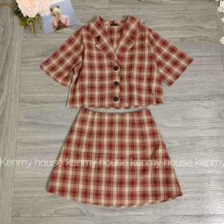 Set áo sơ mi croptop kèm chân váy ( hình thật ) 💛
