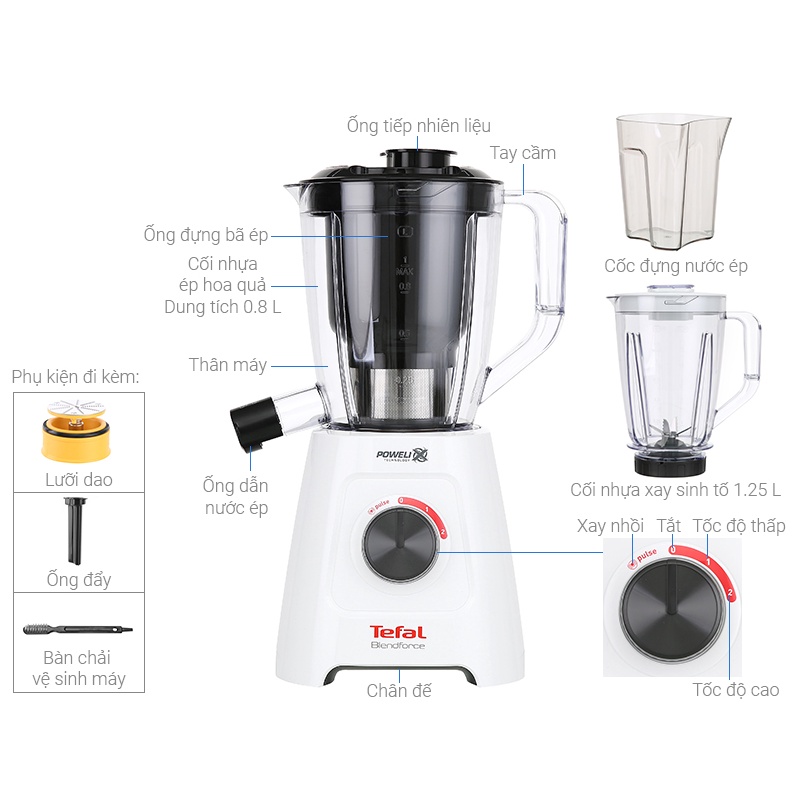 Máy Xay Sinh Tố, Ép Trái Cây Đa Năng 2 In 1 Tefal BL42Q166 - Hàng Chính Hãng (Bảo Hành Toàn Quốc 2 Năm)