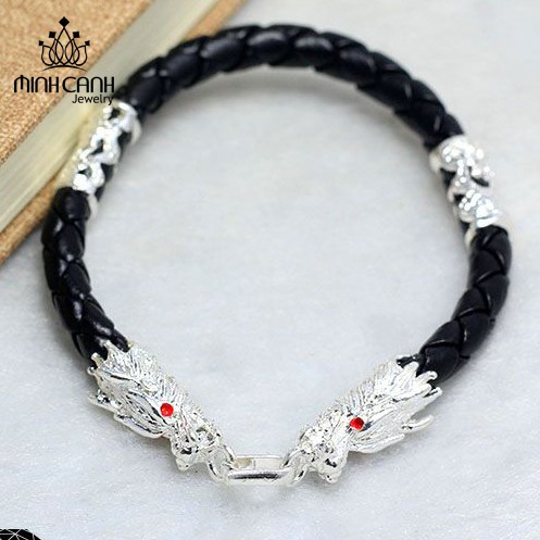 [Mã FARSBR241 giảm 15k đơn 0đ] Lắc Tay Da Bọc Bạc 4 Đốt Hình Rồng - Minh Canh Jewelry