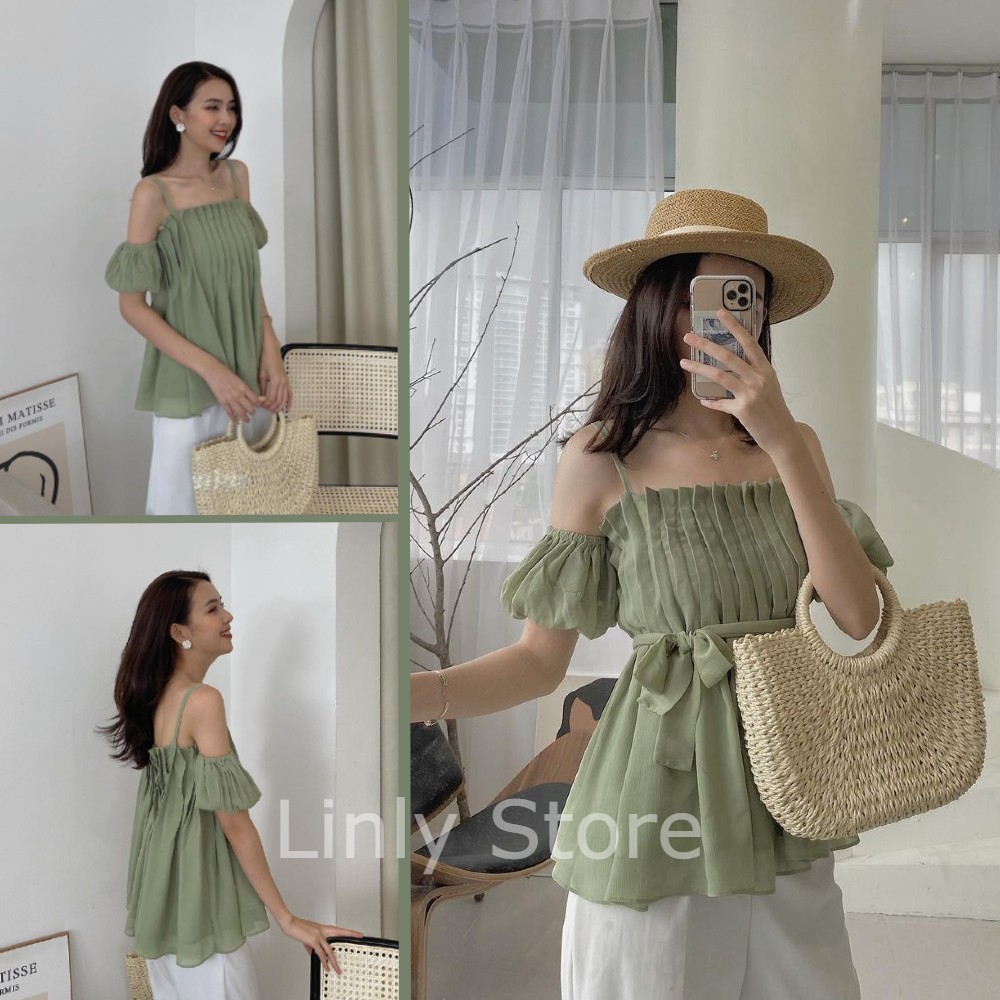 Áo kiểu nữ ngắn tay chất dập ly [2 lớp] Croptop hở vai tiểu thư siêu xinh - Trễ vai tay bồng chất tơ cao cấp A-2DL | BigBuy360 - bigbuy360.vn