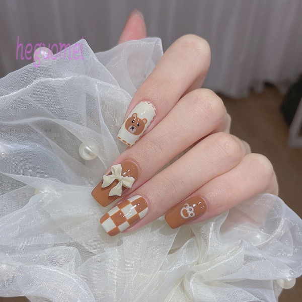 24 móng giả dáng dài trong suốt đính nơ/kim cương nhân tạo/trái tim xinh xắn nhiều màu lựa chọn cho nữ