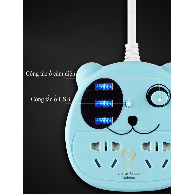 Ổ Cắm Điện Thông Minh Energy Green Lighting OD-315 - Mặt Cún , Mặt Mèo Siêu Dễ Thương - Dây Điện Dài 2m8