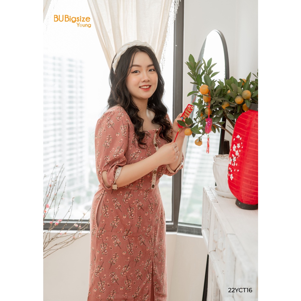 Set Áo dài hoa nhí đính ren + quần BIGSIZE (55kg đến 95kg) - 22YCT16 - [BU Bigsize Young]