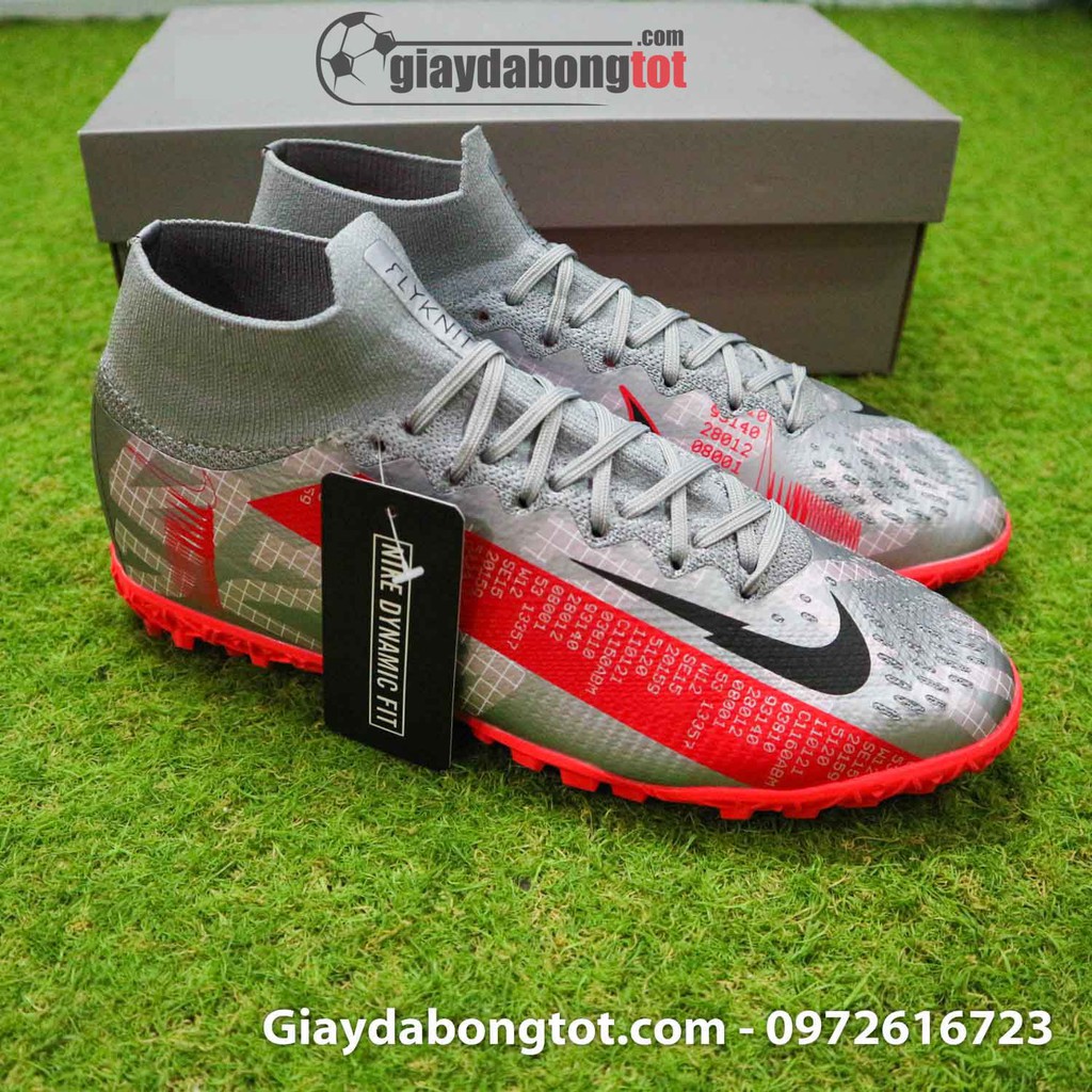 Giày Mercurial Superfly 7 Elite TF xám bạc vạch đỏ | Cổ thun ôm chân, độ bền cao, ảnh thật 100%