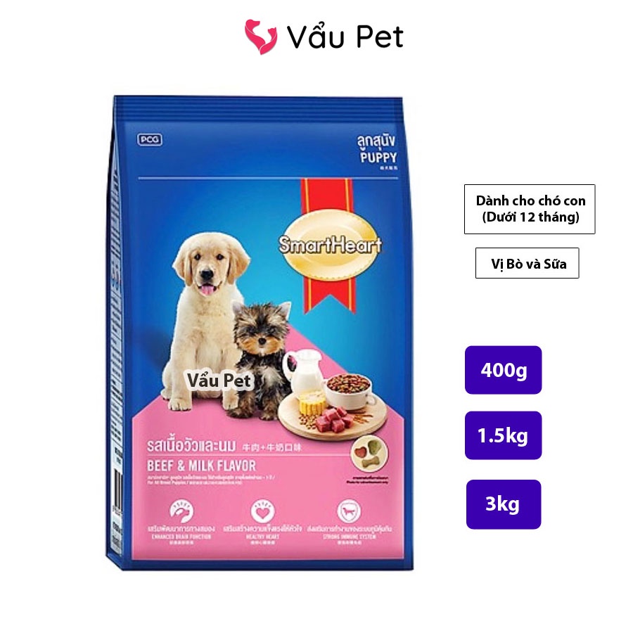 Thức ăn cho chó Smartheart Puppy 400g - Hạt cho chó con vị bò và sữa Vẩu Pet Shop