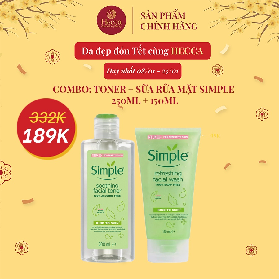 Combo Sữa rửa mặt Simple 150ml + Nước Cân Bằng Da Simple Kind To Skin Soothing Facial Toner (200ml)