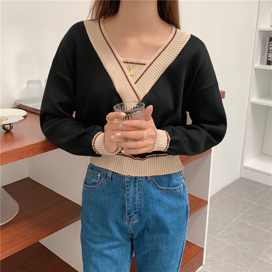 SUXI Áo sweater cổ chữ V thiết kế mới thời trang mùa thu theo phong cách hàn quốc cho nữ