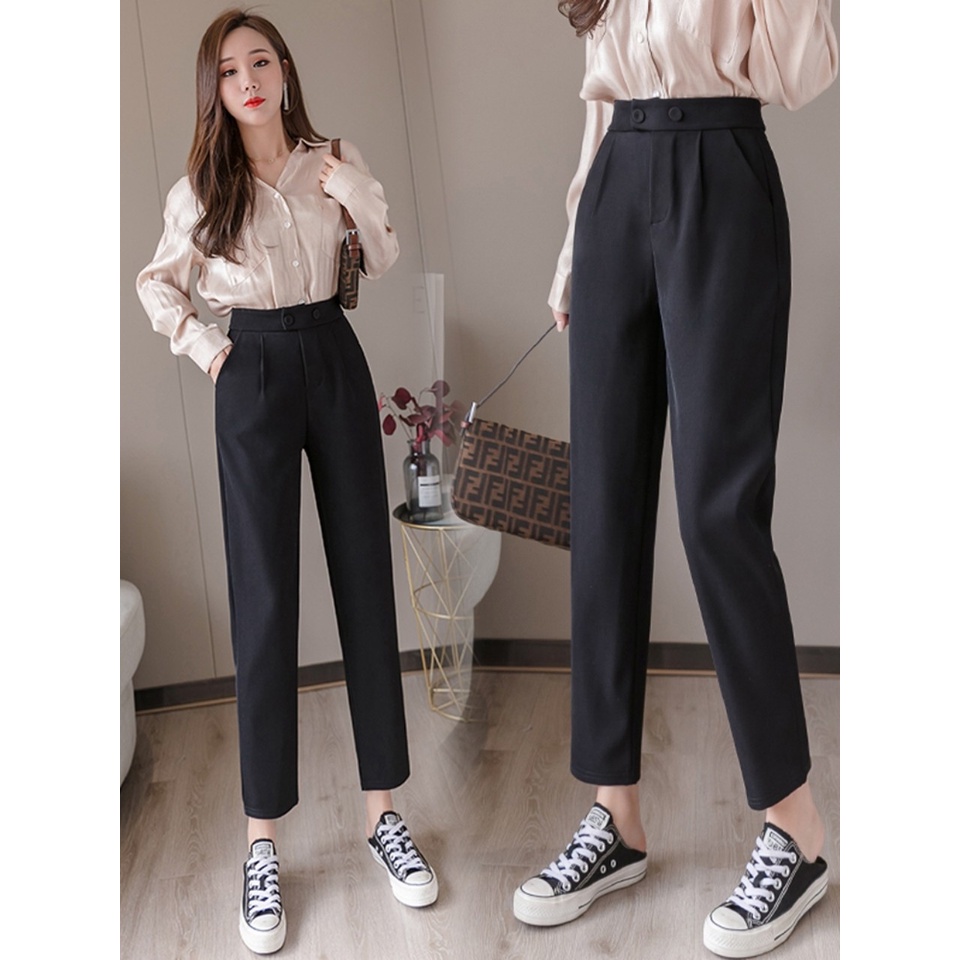 Quần tây nữ công sở cạp lưng cao dáng baggy dài ống đứng vải đen mềm mịn co giãn nhẹ - Quần tây đi học nữ 2 khuy nút bấm