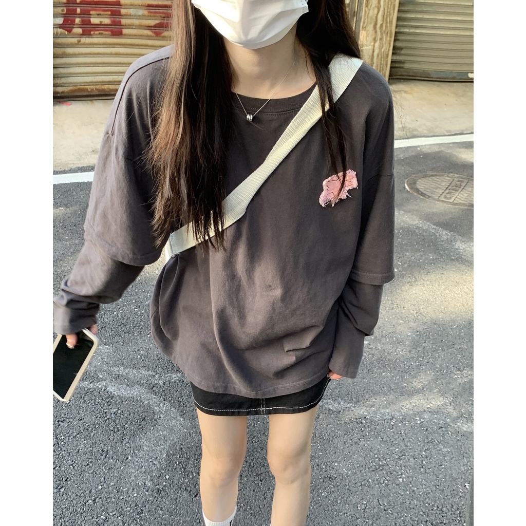 Áo Thun Tay Dài Cổ Tròn Thêu Hình Ngôi Sao Viền Thô Thời Trang Hàn Quốc Dành Cho Bạn Nữ