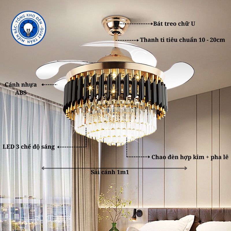 Quạt Trần, Quạt Trần Đèn Pha Lê Vàng Đen Trang Trí Phòng Khách Sang Trọng_BẢO HÀNH 10 NĂM