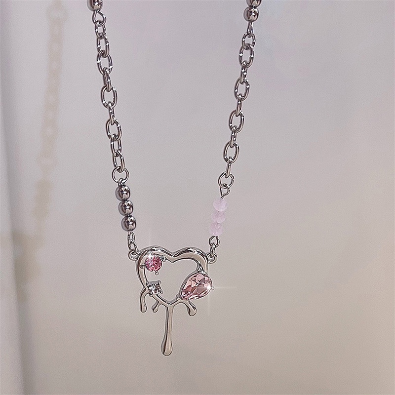 Vòng cổ Mặt Trái Tim Đính Đá zircon Màu Hồng Sang Trọng Phong Cách Hàn Quốc