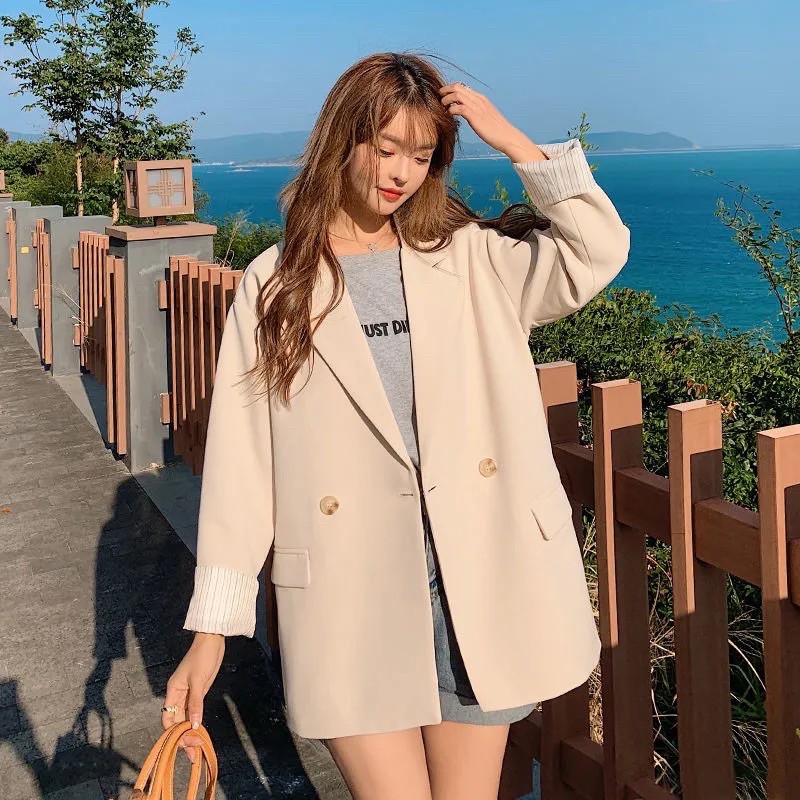 Áo blazer phong cách Ulzzang Hàn Quốc loại 1 màu be và đen dành cho nữ chất đẹp dáng vest dài tay phom rộng cá tính | BigBuy360 - bigbuy360.vn
