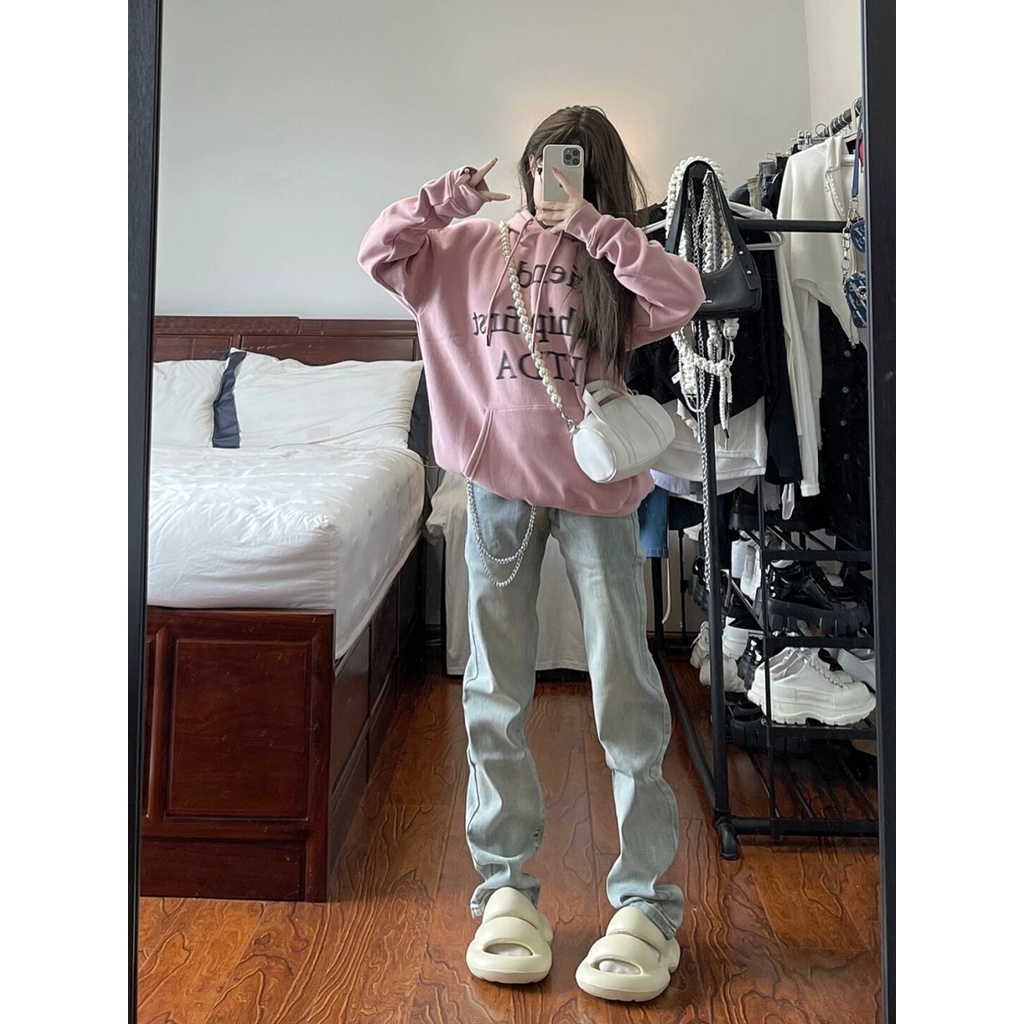 Quần Jean Nữ Lưng Cao Ống Đứng Phong Cách Đường Phố Mỹ Cá Tính