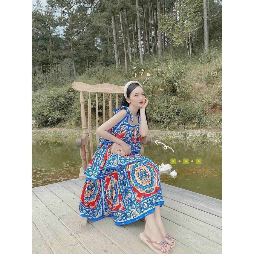 Đầm Maxi 2 Dây - Váy Maxi Tầng Họa Tiết Thổ Cẩm Xanh Da Trời, Chất Lụa Mềm Mịn Mát Thích Hợp Cho Các Cô Nàng Du Hí Biển | BigBuy360 - bigbuy360.vn