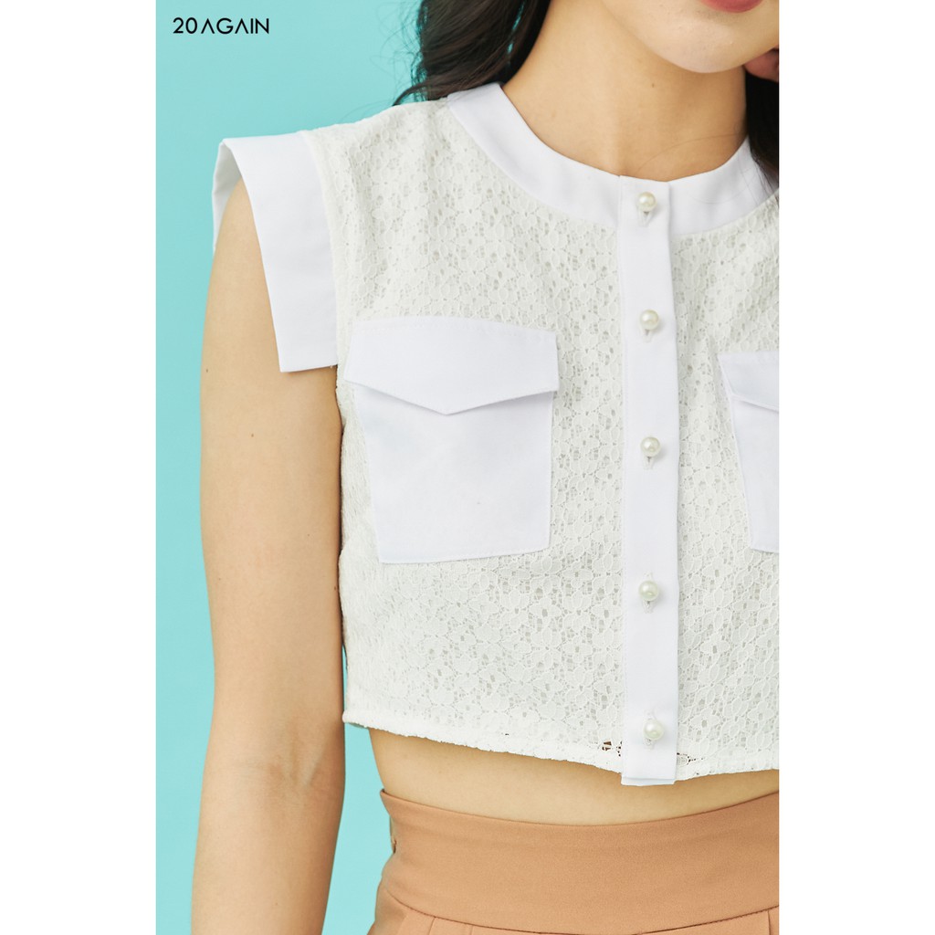 Áo sơ mi nữ dáng crop 20AGAIN, thiết kế đắp túi ngực, chất liệu ren cao cấp ASA1457 | BigBuy360 - bigbuy360.vn