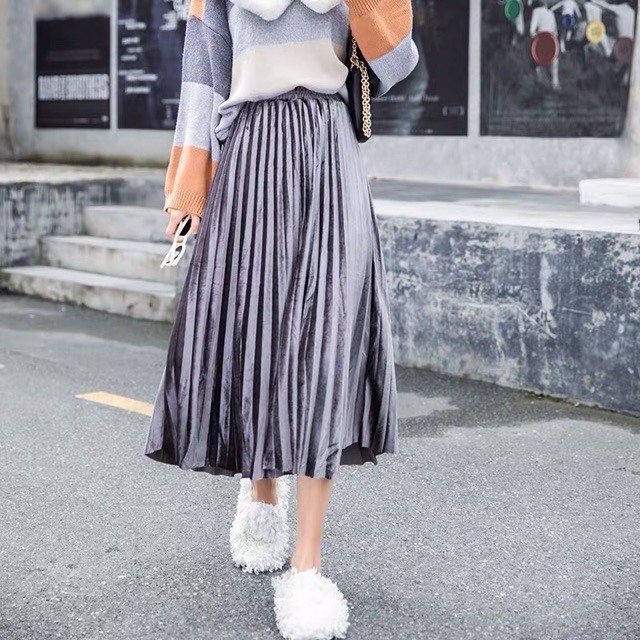 Chân váy midi nhung xếp li dáng dài phong cách vintage