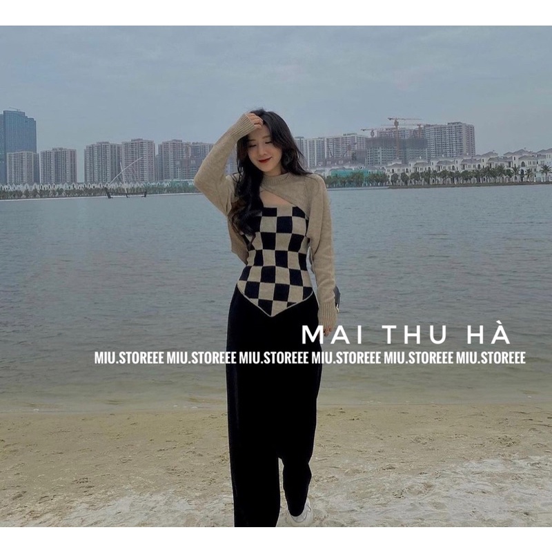 SET ÁO HAI DÂY KẺ CARO KÈM ÁO LEN CHOÀNG | BigBuy360 - bigbuy360.vn