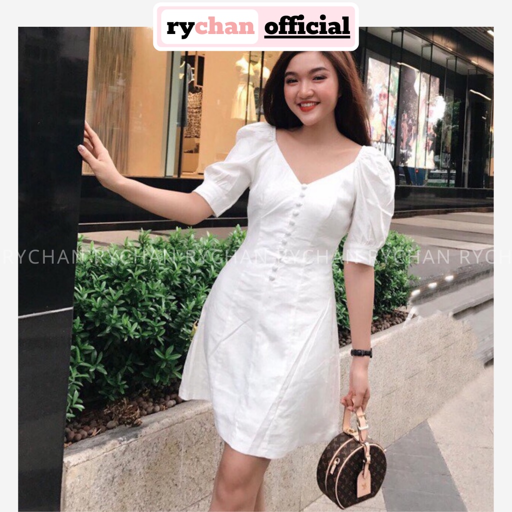 DX617 - Đầm Xòe Trắng Cổ V Phối Nút Tay Phồng