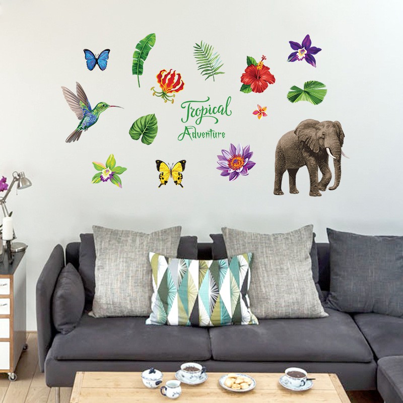 Decal dán tường - Giấy dán tường - Rừng rậm amazol - Voi - scenedecal