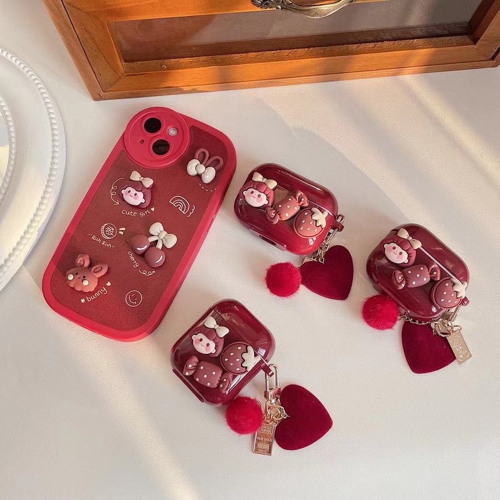 Burgundy girl compatible for airpods 1/2 pro cartoon protect Bluetooth headset cover soft tpu with chain airpods 3 new