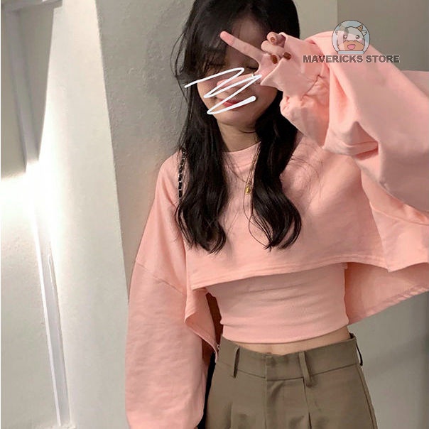 Set áo thun dài tay cổ tròn + áo hai dây thời trang nữ