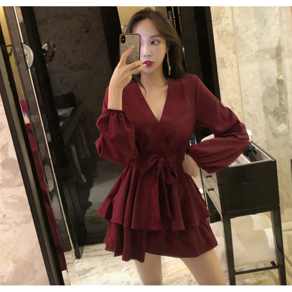 (SMALLSIZE) Váy thời trang mùa hè cổ chữ V dáng xoè trơn mà đỏ đô