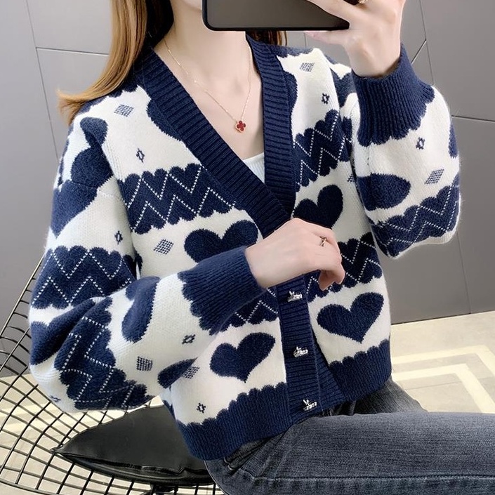 【ZHELIHANGFEI】Áo Cardigan Dệt Kim Tay Dài Cổ Chữ V Dáng Rộng Lưng Cao Dễ Phối Đồ