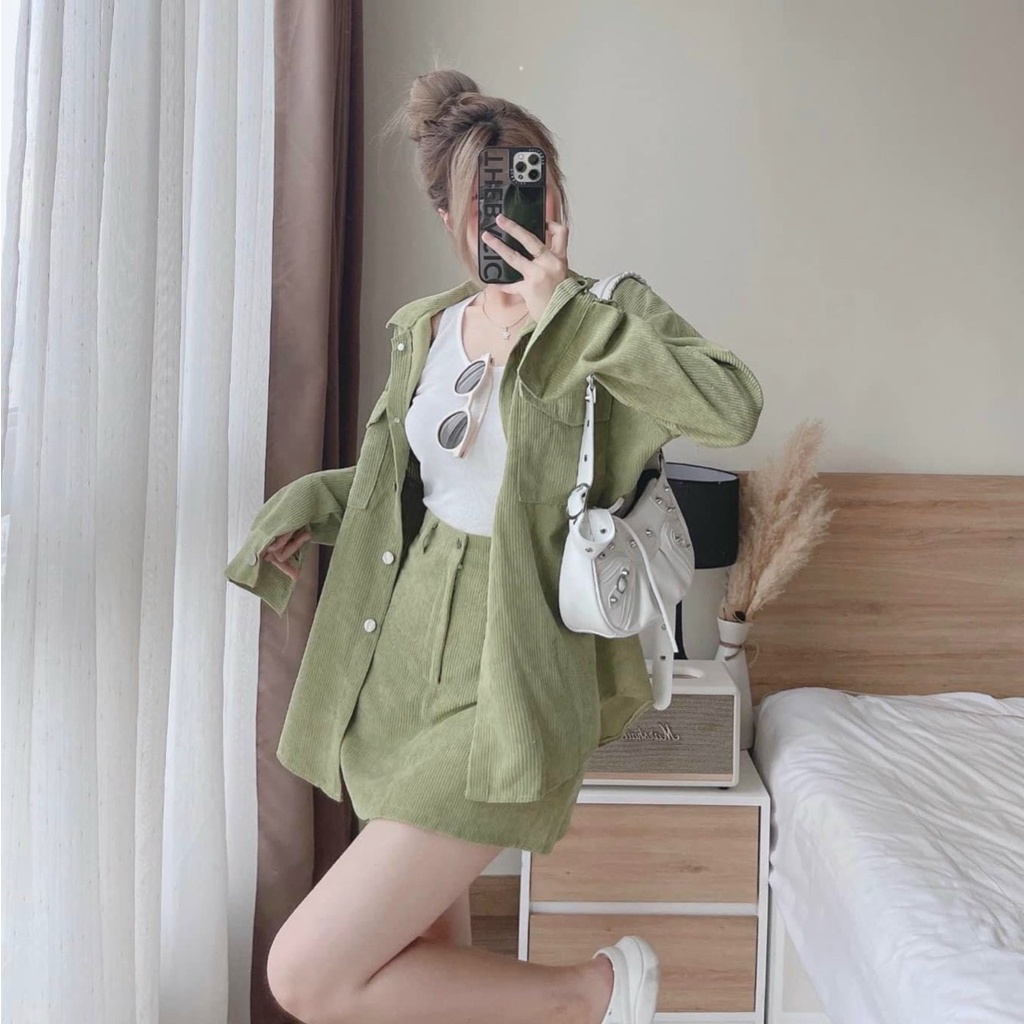 (FreeShip 2022) Sét váy nữ áo sơ mi tay dài from rộng túi hộp mix chân váý A,chất tăm nhung cao cấp hàng chuẩn