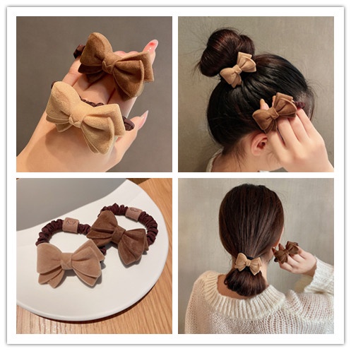 Dây Cột Tóc Cao Su Màu Nâu Phối Nơ Thời Trang Cổ Điển Cho Nữ