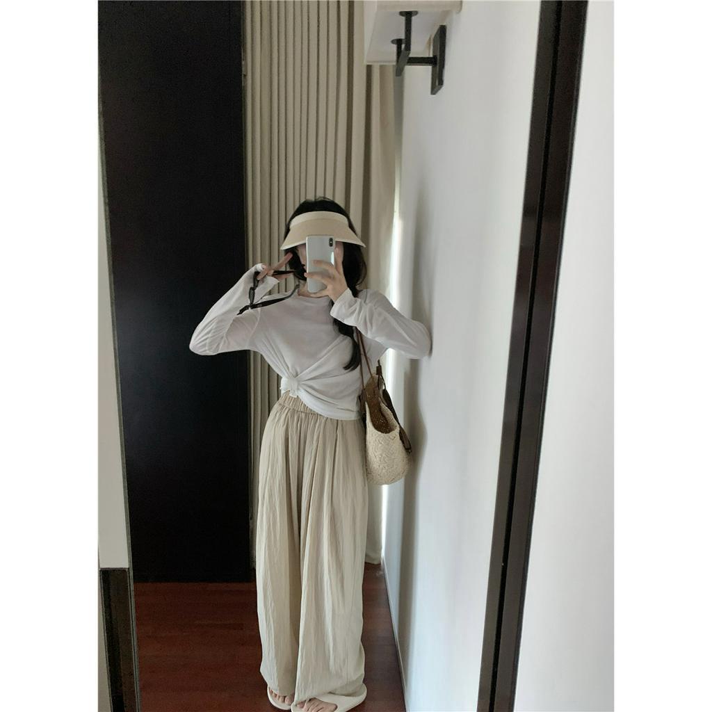 Cocory vn Bộ Áo Thun Tay Dài Cổ Tròn + Quần Ống Rộng Thời Trang Hàn Quốc Dành Cho Nữ