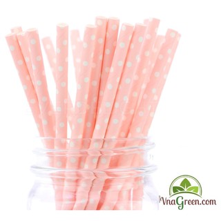 THANH LÝ GIÁ SỐC: Ống hút giấy họa tiết chấm bi hồng pastel, 25 ống/gói - Hàng loại 1