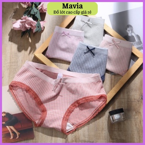 Quần lót cotton nữ cạp vừa hoạ tiết kẻ caro viền ren chống hằn MAVIA mã M0055(video+ hình ảnh thật)