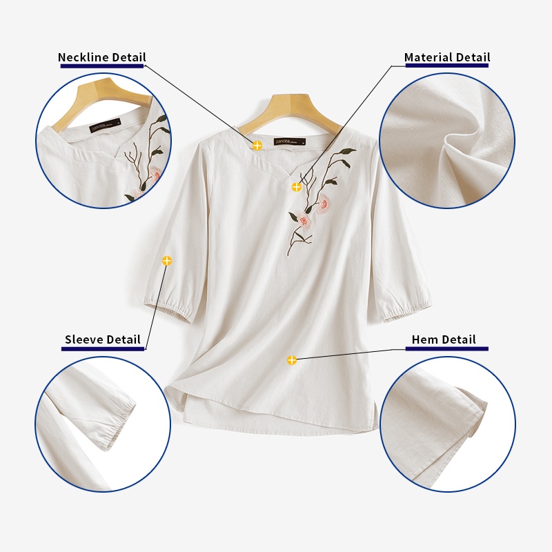 Áo ZANZEA nữ cổ chữ V thêu hoa chất liệu cotton thoáng mát