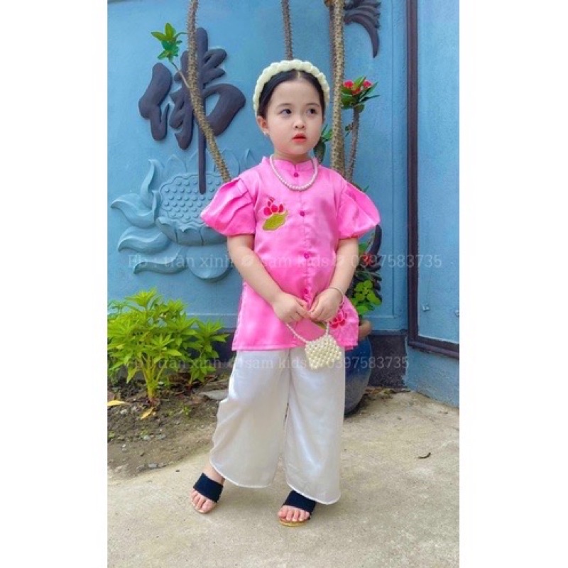 [SET BÉ GÁI] Bộ bà ba hoa sen, bộ đi chùa kèm chuỗi ngọc cho bé gái (9-19kg)