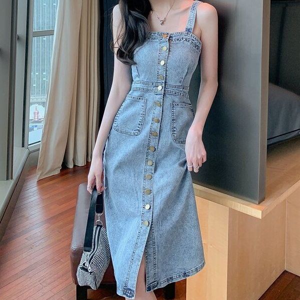 Đầm Denim Hai Dây Ôm Eo Phong Cách Hong Kong Cổ Điển Thời Trang Cho Nữ