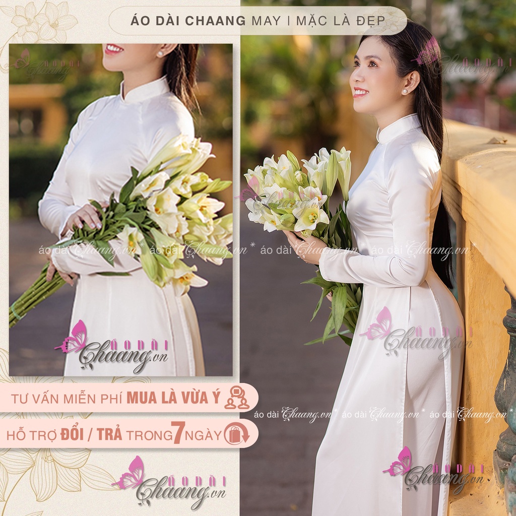 Áo dài lụa ngọc bóng_Chaang_May sẵn áo truyền thống 4 tà, vải lụa màu đỏ/trắng cao cấp