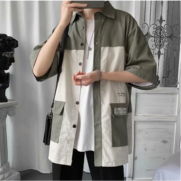 Áo sơ mi tay ngắn nam nữ form rộng cổ vest , sơ mi cộc tay unisex Hàn Quốc - A04