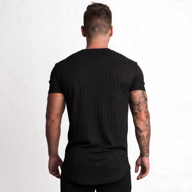 VQ Men's Cotton Sports Short-sleeved T-shirt Striped Breathable Jogging Fitness Shirt