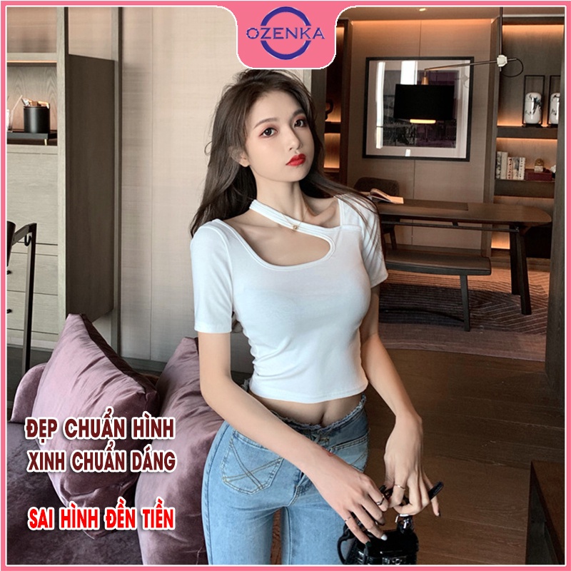 Áo croptop tay ngắn cổ rộng ôm body nữ OZENKA , áo crt kiểu hàn quốc đẹp màu đen trắng chất thun gân 100% cotton
