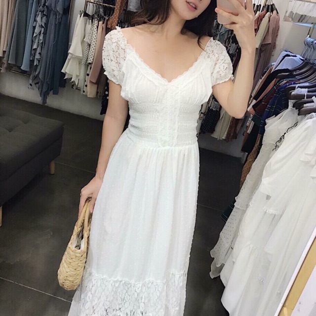 Đầm Maxi xô ren bi nhún eo