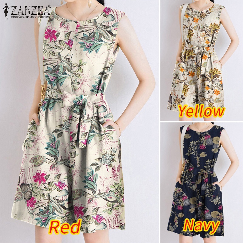 Áo liền quần ZANZEA không tay cổ tròn phong cách vintage nhiều màu sắc thời trang cho nữ