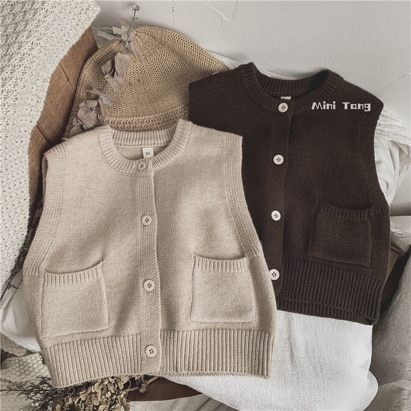 Áo Sweater Dệt Kim Không Tay Màu Sắc Đơn Giản Dễ Phối Đồ Cho Bé