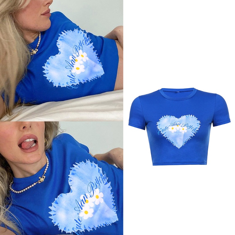 Áo Thun Croptop Tay Ngắn Cổ Tròn In Họa Tiết Trái Tim Phối Màu Tương Phản Phong Cách Harajuku Thời Trang Mùa Hè Cho Nữ