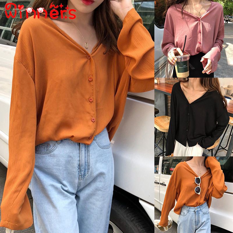 Áo tay dài cổ chữ V phối nút thời trang cho nữ