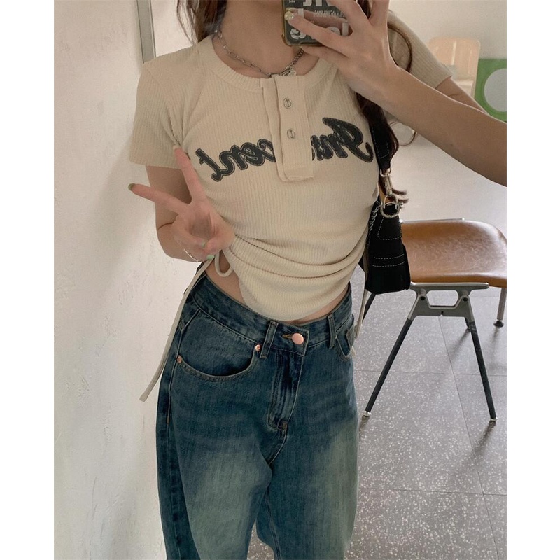 Áo Crop Top Tay Ngắn Dây Rút Gợi Cảm Dành Cho Nữ